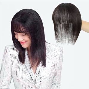 10” Human Hair Natural Black 360° Hair Topper with Bangs 3"X3.5" Silk Base #OA3